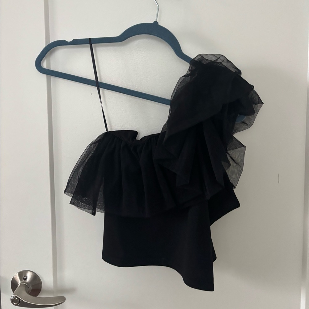 Anthropologie Black One-Shoulder Ruffle Top - Picture 2 of 4